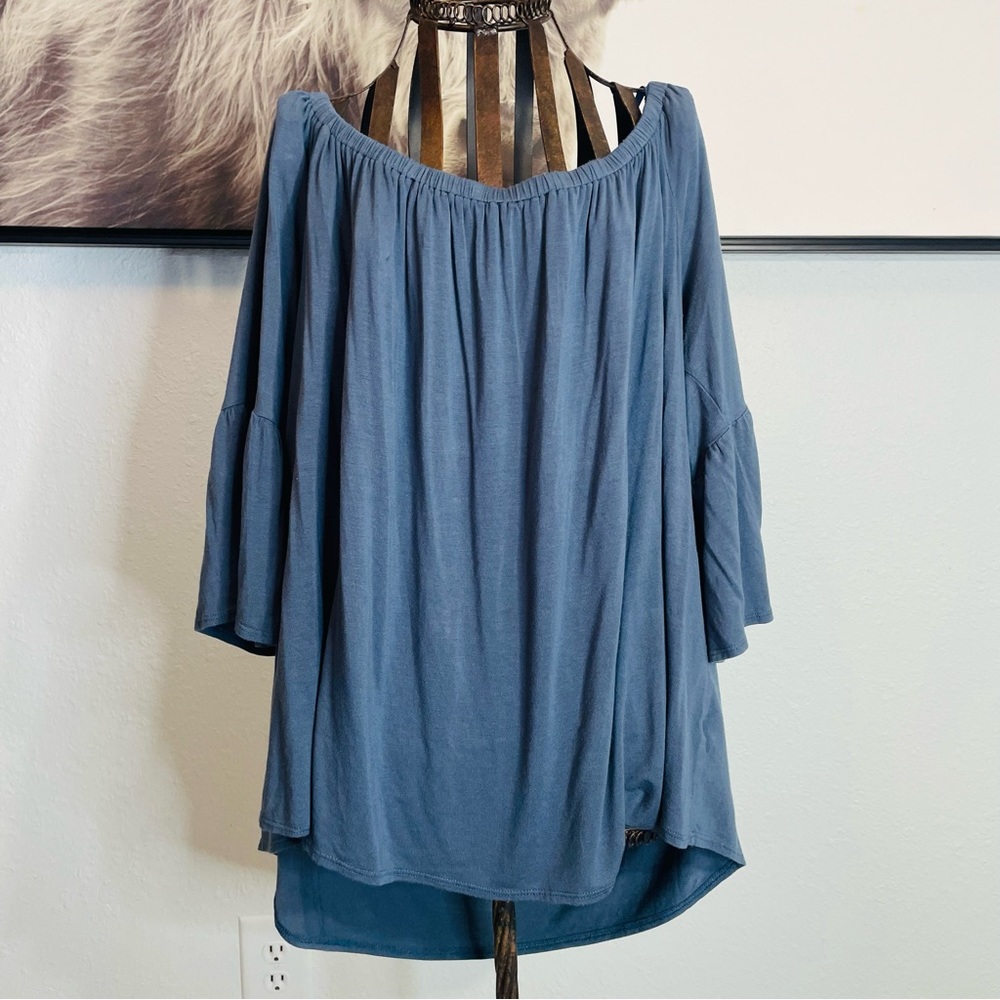 Green Envelope | blue off the shoulder belle sleeve blouse brand new